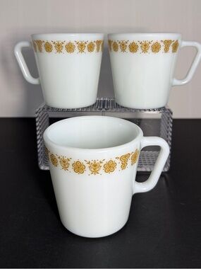 Vintage Pyrex Butterfly Gold Milk Glass Mugs Set of 3 - No. 1410 D-Handle